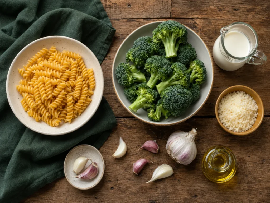 Zutaten für One Pot Brokkoli Pasta: Fusilli, Brokkoliröschen, Parmesan, Sahne und Knoblauch flach ausgelegt.
