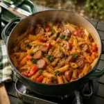 Dampfende One Pot Camping-Nudelpfanne mit Würstchen und Paprika im Topf auf dem Campingkocher