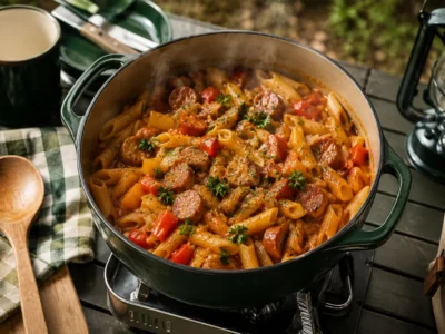 Dampfende One Pot Camping-Nudelpfanne mit Würstchen und Paprika im Topf auf dem Campingkocher