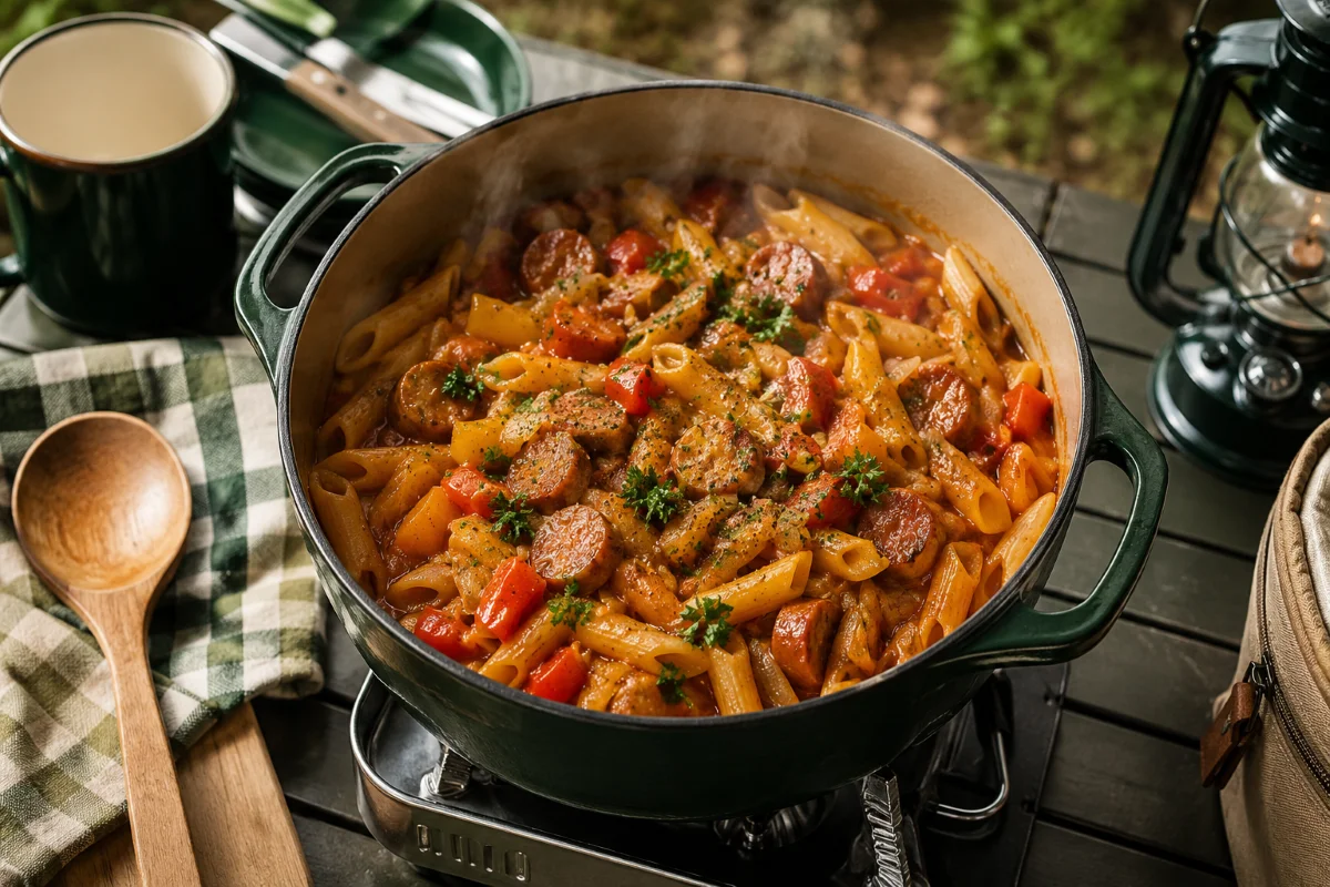 Dampfende One Pot Camping-Nudelpfanne mit Würstchen und Paprika im Topf auf dem Campingkocher