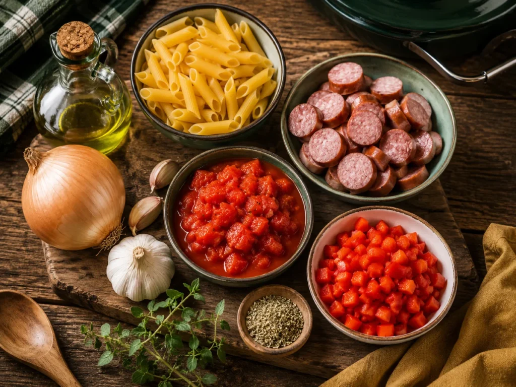 Zutaten für die Camping-Nudelpfanne: Nudeln, Räucherwürstchen, Paprika, Dosentomaten und Gewürze