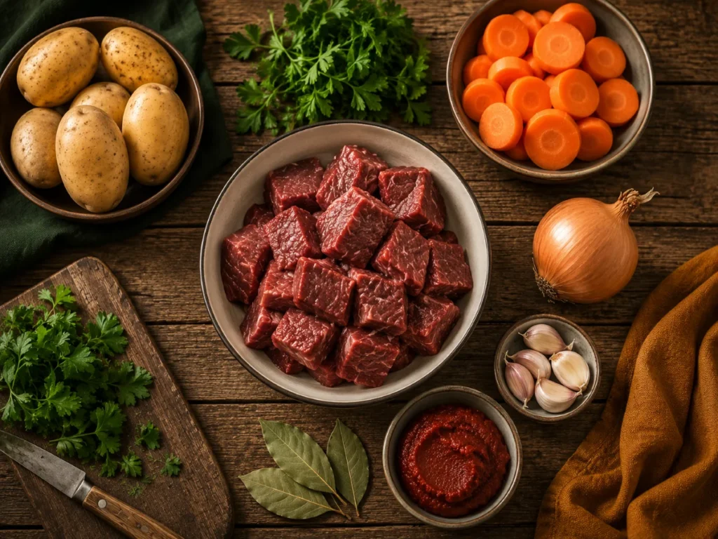 Rohe Zutaten für den One Pot Rinder-Eintopf, angerichtet auf einer Holzoberfläche