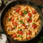 One Pot Feta Pasta mit zerlaufenem Feta, Kirschtomaten und frischem Basilikum in einem dunkelgruenen Topf