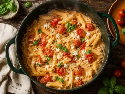 One Pot Feta Pasta mit zerlaufenem Feta, Kirschtomaten und frischem Basilikum in einem dunkelgruenen Topf