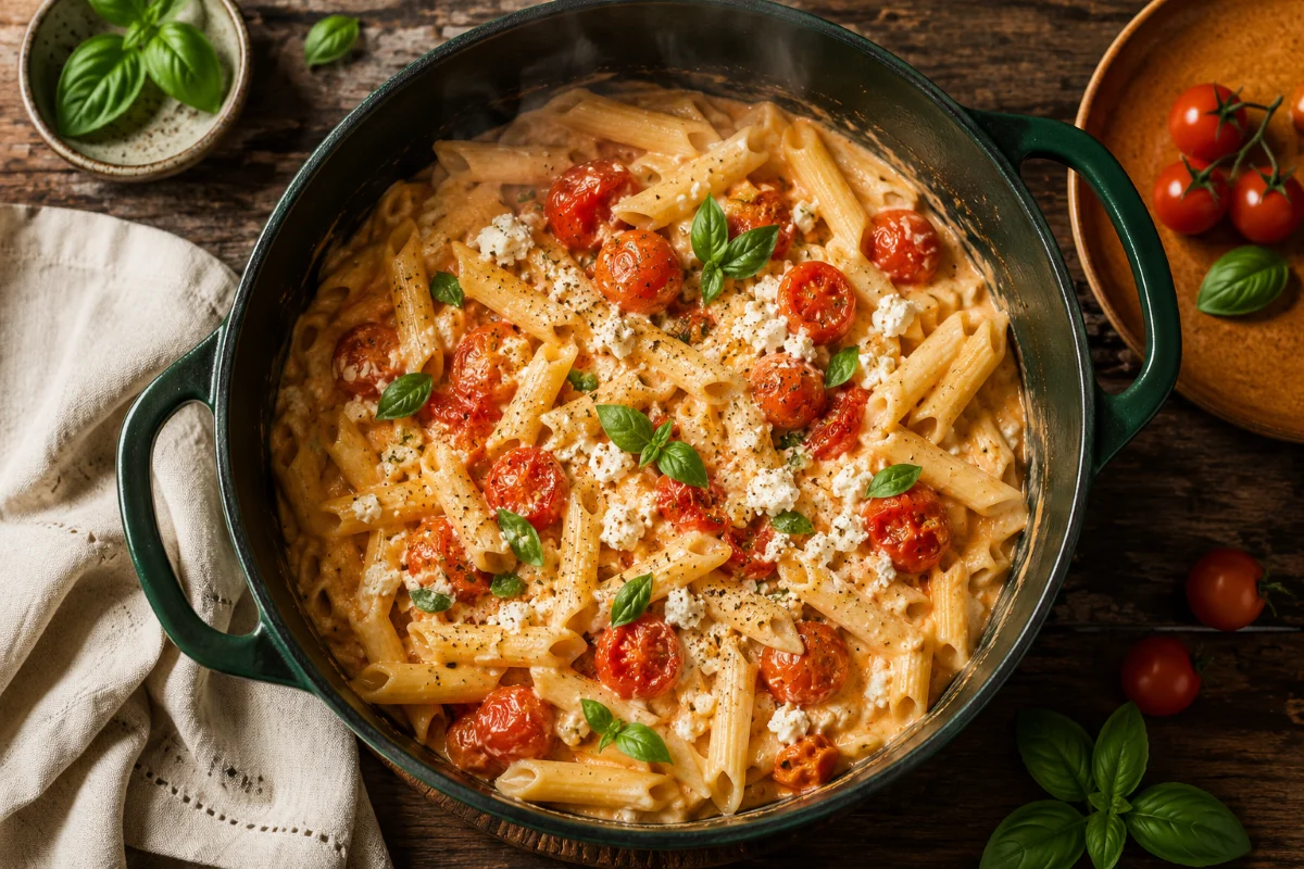 One Pot Feta Pasta mit zerlaufenem Feta, Kirschtomaten und frischem Basilikum in einem dunkelgruenen Topf
