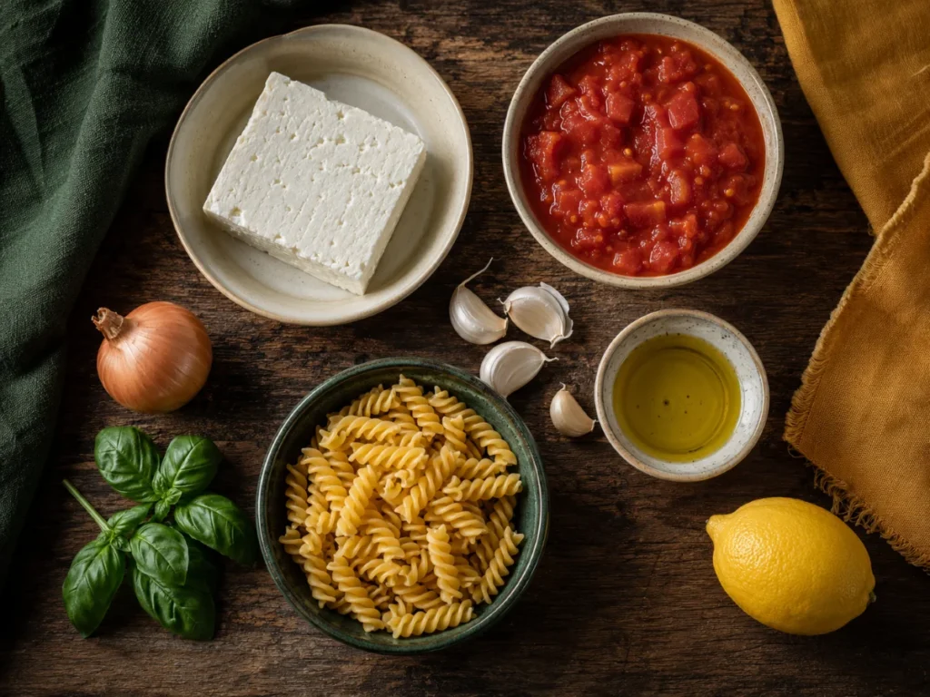 Zutaten fuer One Pot Feta Pasta auf einem Holztisch angeordnet: Feta, Tomaten, Pasta, Knoblauch und Basilikum
