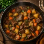 Herzhafter One Pot Rinder-Eintopf mit Kartoffeln und Karotten in einem dunkelgrünen Bräter