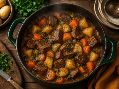 Herzhafter One Pot Rinder-Eintopf mit Kartoffeln und Karotten in einem dunkelgrünen Bräter