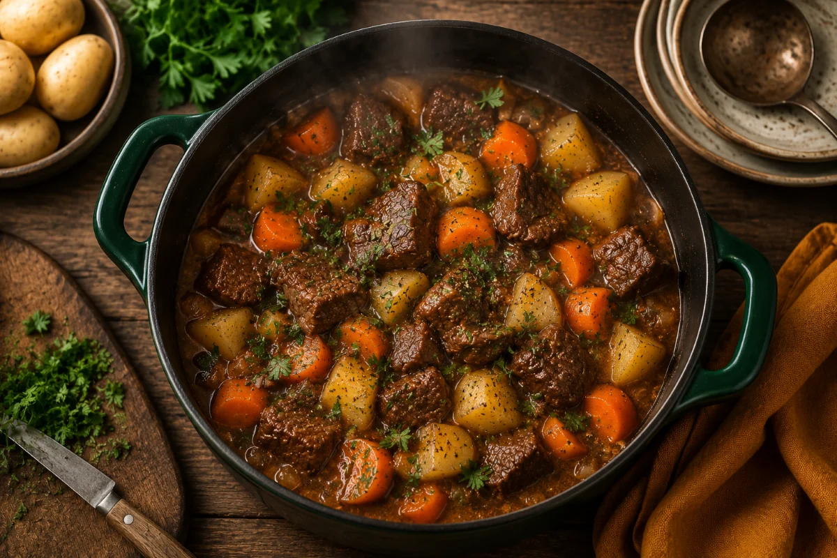 Herzhafter One Pot Rinder-Eintopf mit Kartoffeln und Karotten in einem dunkelgrünen Bräter