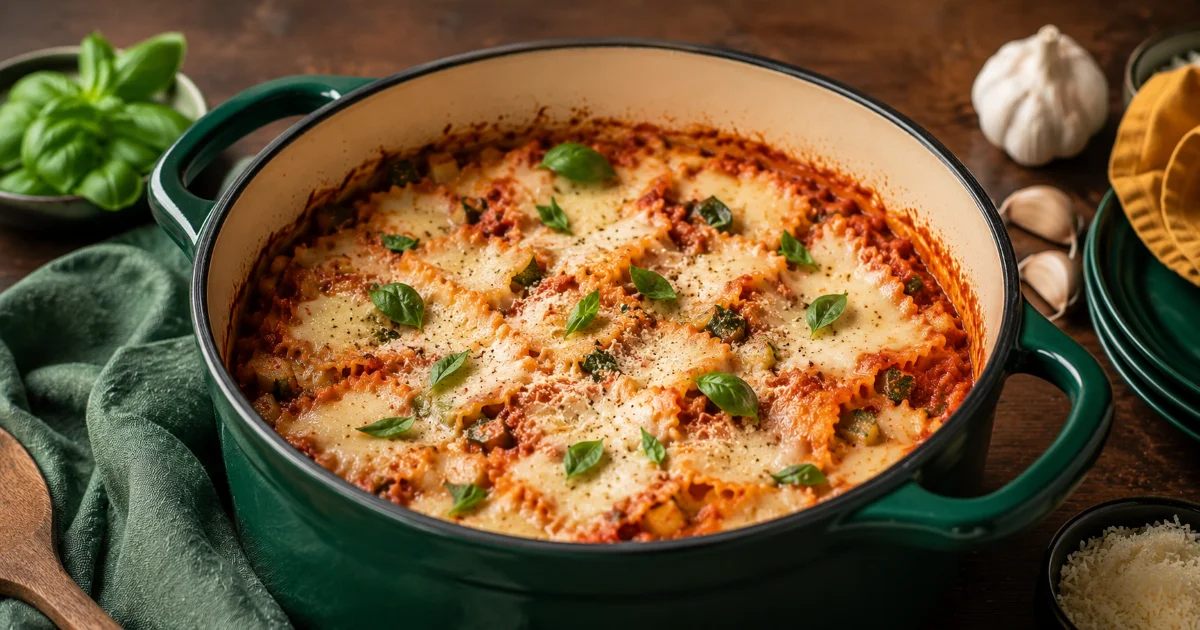 Herzhafte One Pot Lasagne Vegetarisch mit geschmolzenem Mozzarella in dunkelgrünem Gusseisentopf.