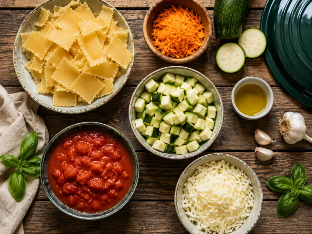 Zutaten für One Pot Lasagne Vegetarisch: Lasagneplatten, Zucchini, Karotte, Tomaten und Mozzarella flach ausgelegt.