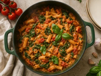 One Pot Vegane Pasta mit Tomaten und Spinat