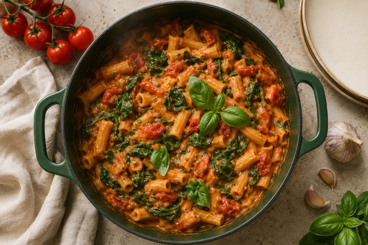 Vegan One Pot Pasta mit Tomaten und Spinat in einer dunkelgrünen Pfanne, garniert mit frischem Basilikum