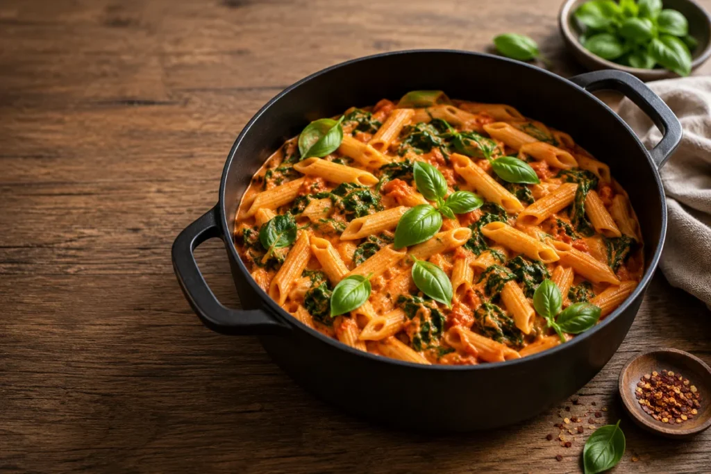 One Pot Vegane Pasta mit Tomaten & Spinat