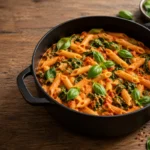 Cremige One Pot Vegane Pasta mit Tomaten und Spinat in einer Pfanne, garniert mit frischem Basilikum