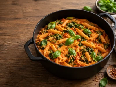 Cremige One Pot Vegane Pasta mit Tomaten und Spinat in einer Pfanne, garniert mit frischem Basilikum