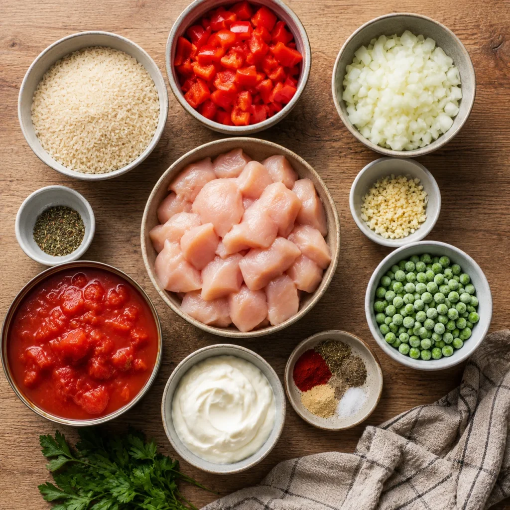Zutaten für One Pot Hähnchen-Reis-Pfanne auf Küchentisch angerichtet
