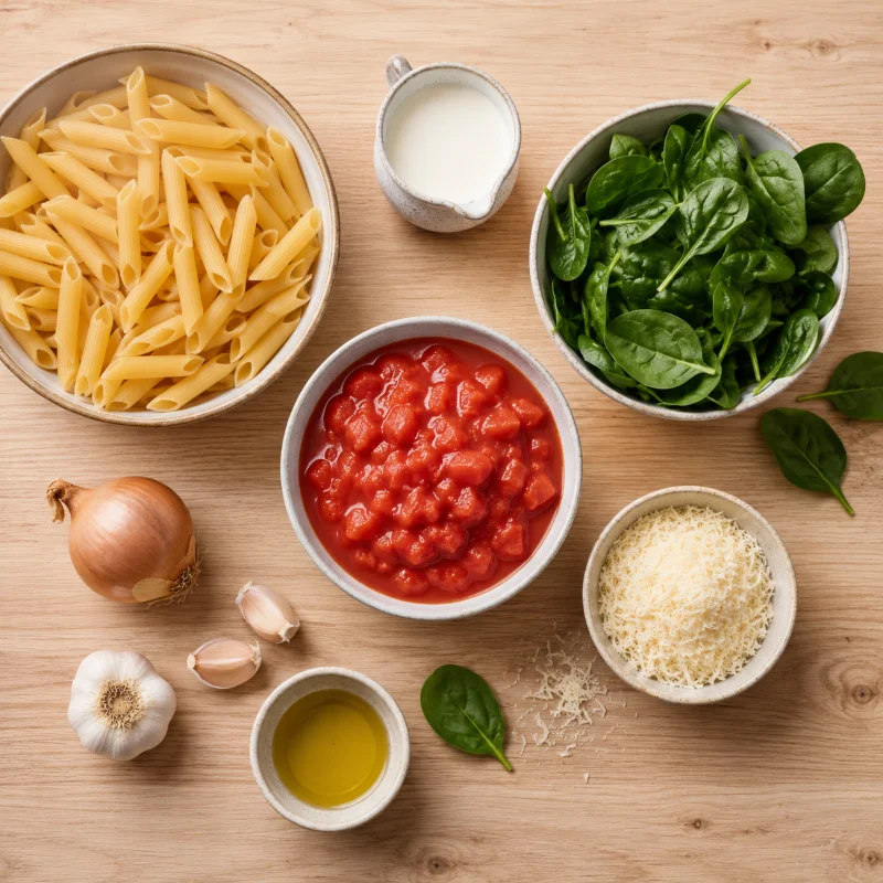 Rohe Zutaten fuer vegetarische One Pot Pasta: Penne, Tomaten, Spinat und Parmesan