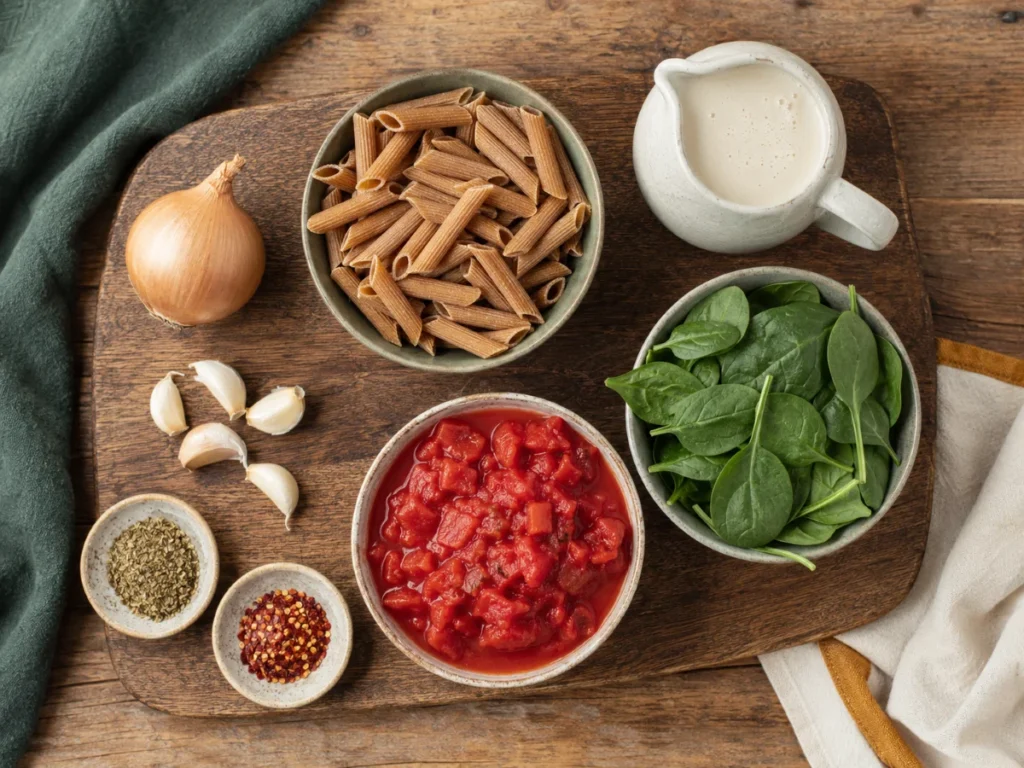 Zutaten für vegane One Pot Pasta: Penne, Dosentomaten, Spinat, Hafercreme und Knoblauch auf einem Holzbrett