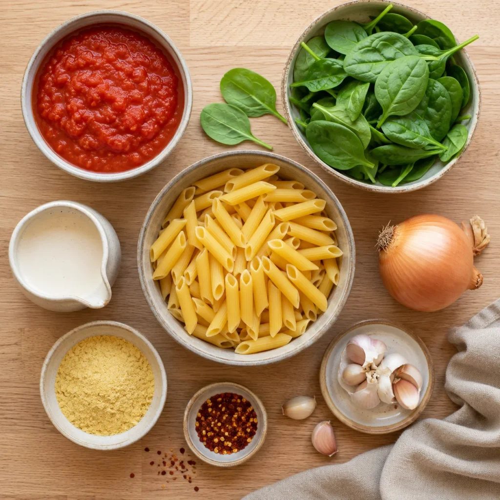 Zutaten fuer vegane One Pot Pasta: Penne, Dosentomaten, Spinat, Hafercreme und Knoblauch auf einem Holzbrett
