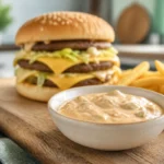 Cremige Big Mac Sauce mit Burger und Pommes