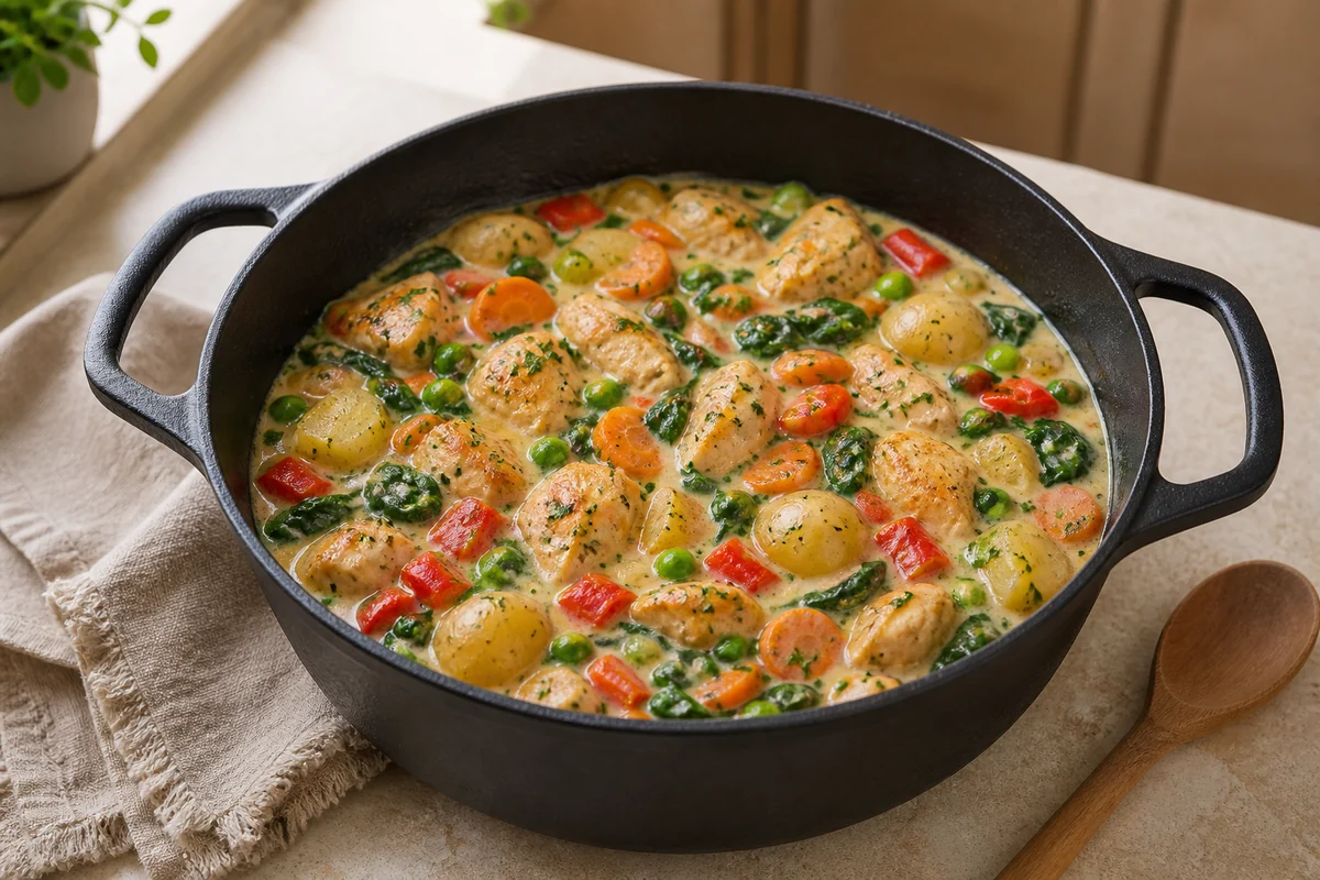 One Pot Gerichte mit Hähnchen, Kartoffeln und Gemüse in cremiger Sauce