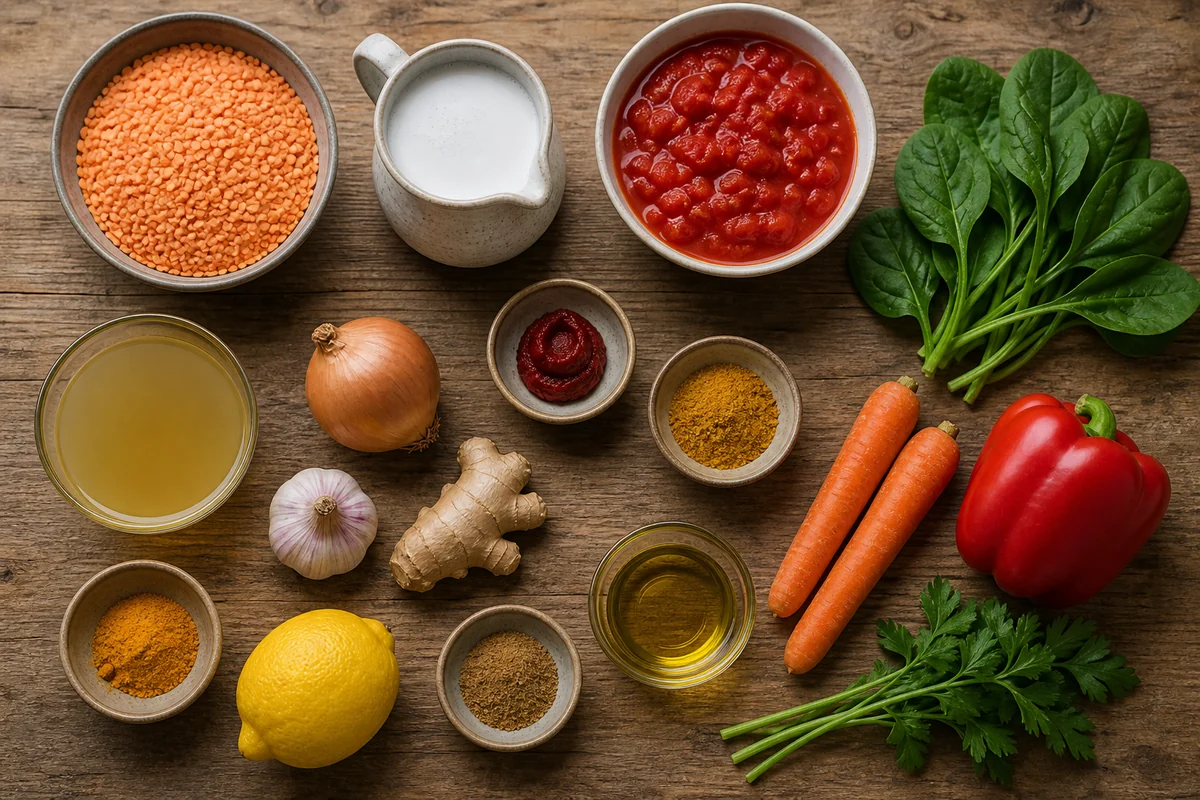 Zutaten für vegetarisches One Pot Linsen-Curry