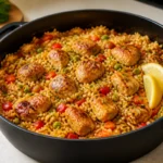 One Pot Hähnchen Reis mit Paprika und Erbsen im Topf