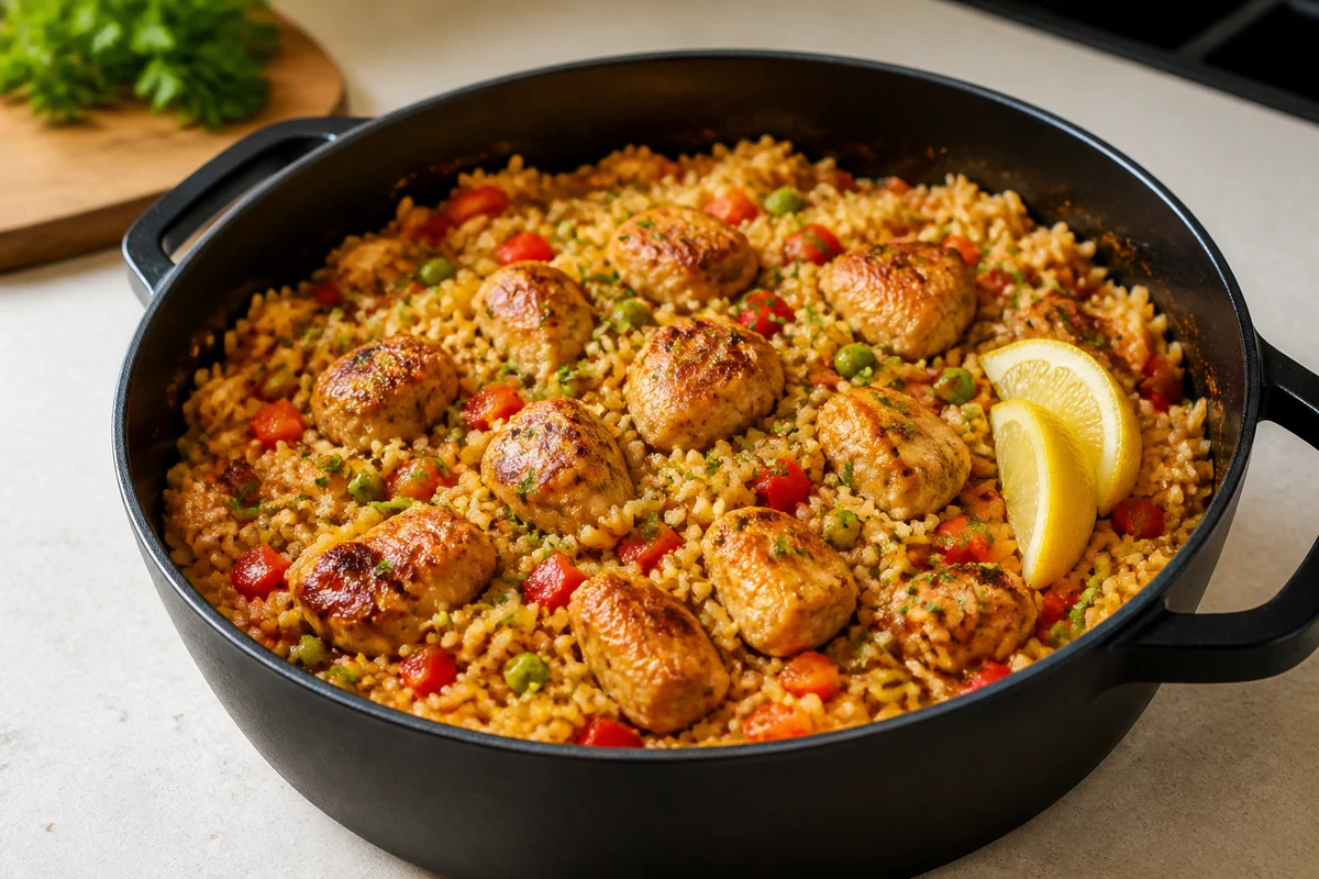 One Pot Hähnchen Reis mit Paprika und Erbsen im Topf