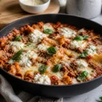 One Pot Lasagne mit Hackfleisch, Tomatensauce und cremigem Käse