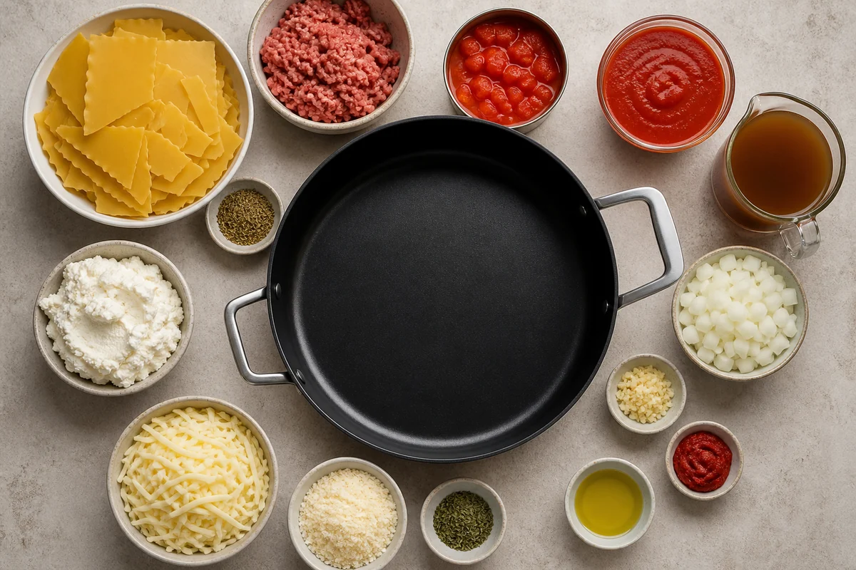 Zutaten für One Pot Lasagne mit Hackfleisch und Käse