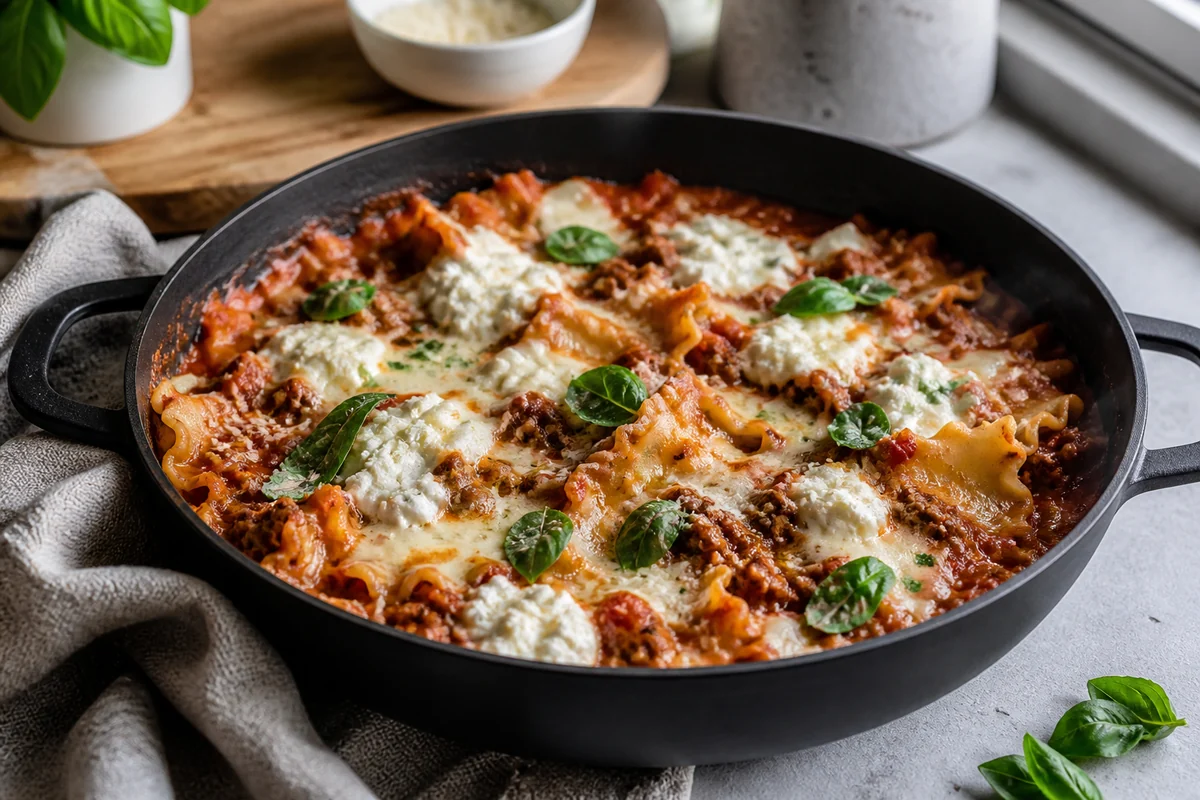 One Pot Lasagne mit Hackfleisch, Tomatensauce und cremigem Käse