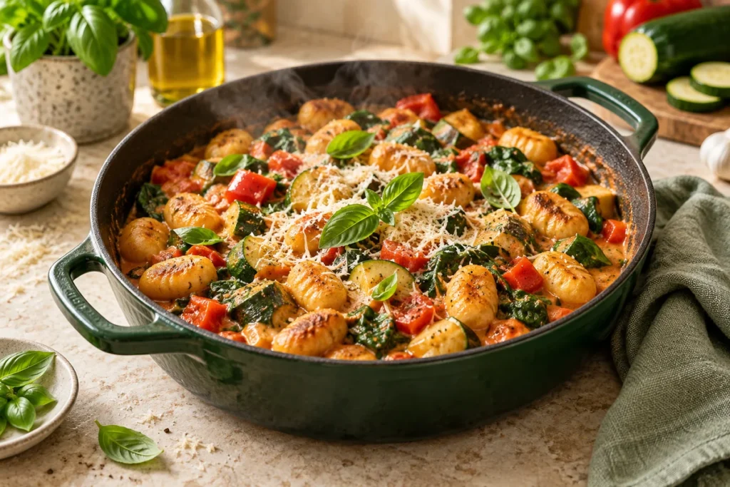 One Pot Gerichte vegetarisch: Cremige Gnocchi-Gemüse-Pfanne